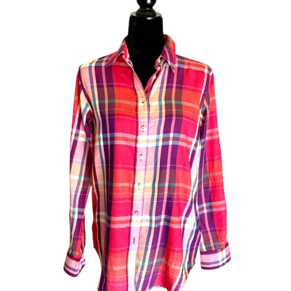 Lauren/Ralph Lauren/ Long Sleeve, Plaid Cotton Shirt / Hot Pink, Navy, Orange
